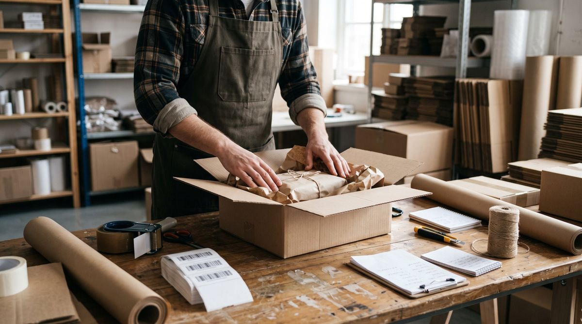 出荷用の段ボールに商品を詰める手元